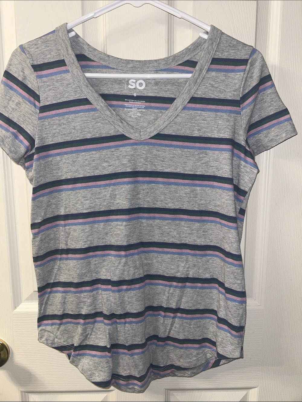 SO Gray V-Neck Tee with Navy, Green & Lavender Stripes